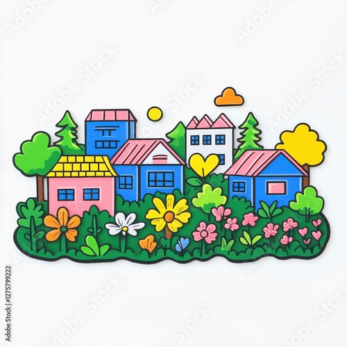 Vibrant Illustrated Landscape with Colorful Houses, Trees, Flowers, and a Bright Sunny Sky