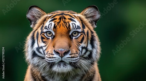 Close up portrait of a regal Bengal tiger with bold black stripes forming intricate swirling patterns on its golden orange fur, symbolizing strength and natural beauty photo