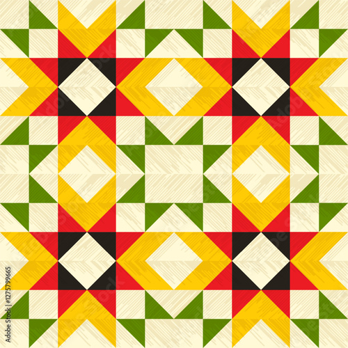 Rustic patchwork plaid pattern, seamless quilt block pattern background, featuring simple shapes, slightly textured, vector illustration, yellow red green colors,