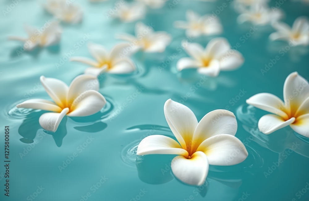 Fototapeta premium Frangipani flowers float on clear turquoise water surface. Plumeria blooms, spa wellness and relaxation concept. Exotic floral aromatherapy treatment. Tropical aroma, summer freshness.
