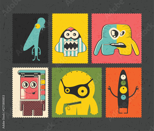 Set of cartoon monsters  on color grunge background