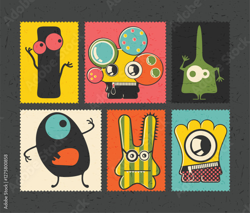 Set of cartoon monsters  on color grunge background
