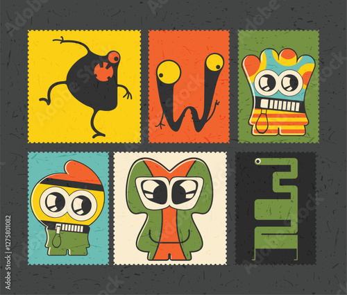 Set of cartoon monsters  on color grunge background