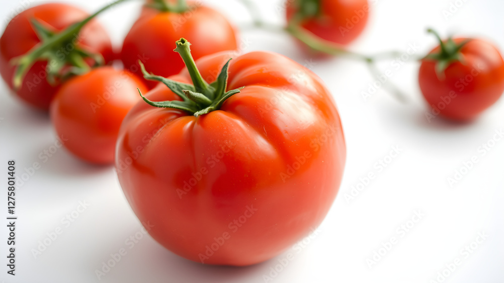 A perfectly round tomato with a rich red hue and natural imperfections, glistening under soft light. Isolated on a pure white background, ideal for high-quality food stock photography. A perfectly round tomato with a rich red hue and natural imperfections, glistening under soft light. Isolated on a pure white background, ideal for high-quality food stock photography.