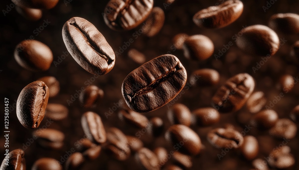 Coffee beans levitating in mid-air over dark roasted coffee beans Coffee beans levitating in mid-air over dark roasted coffee beans