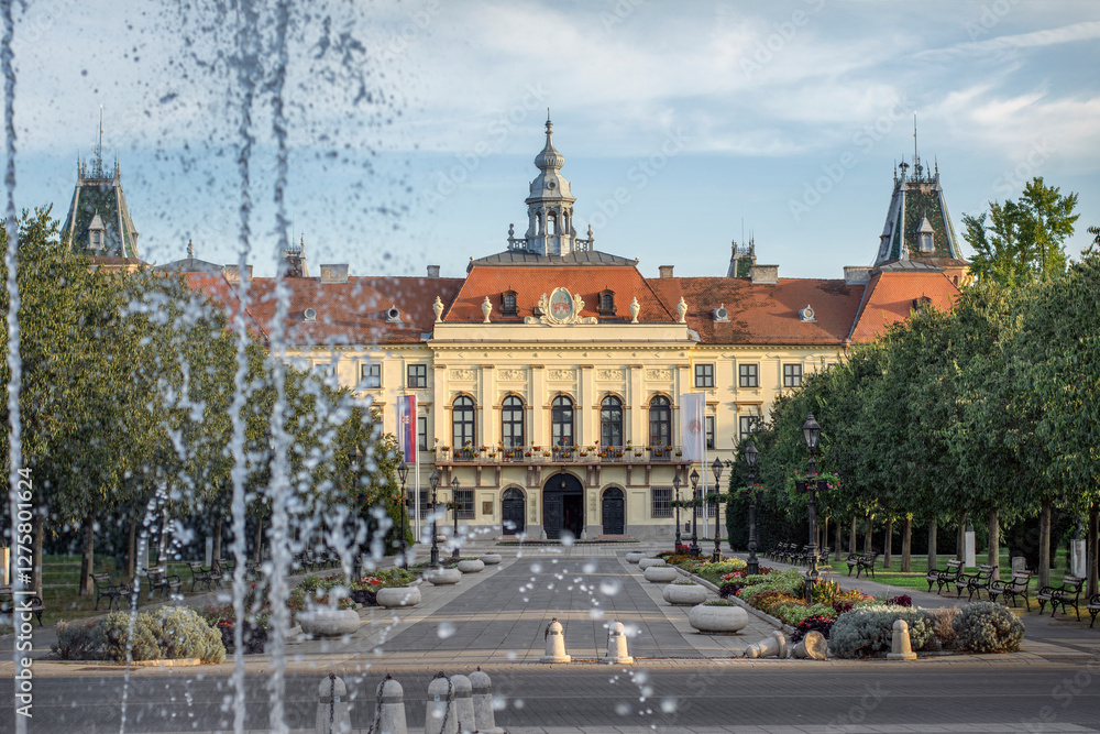 Fototapeta premium Town Hall in Sombor through the fountain drops