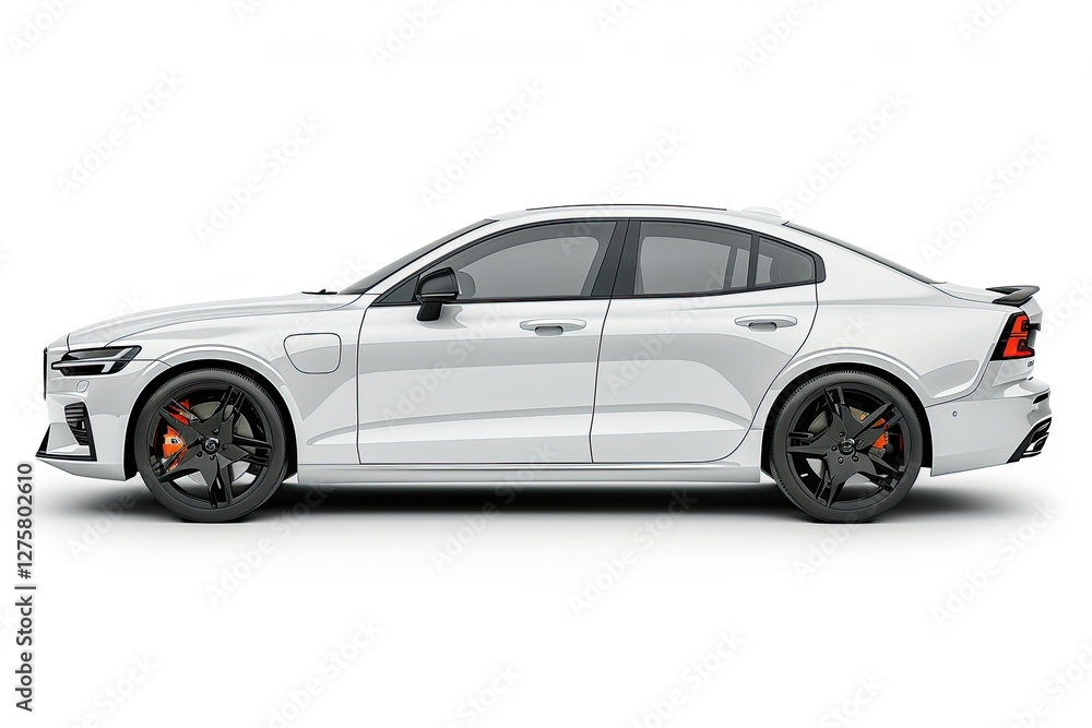 A sleek, modern sedan in white with black wheels and orange brake calipers. isolated on white background A sleek, modern sedan in white with black wheels and orange brake calipers. isolated on white background