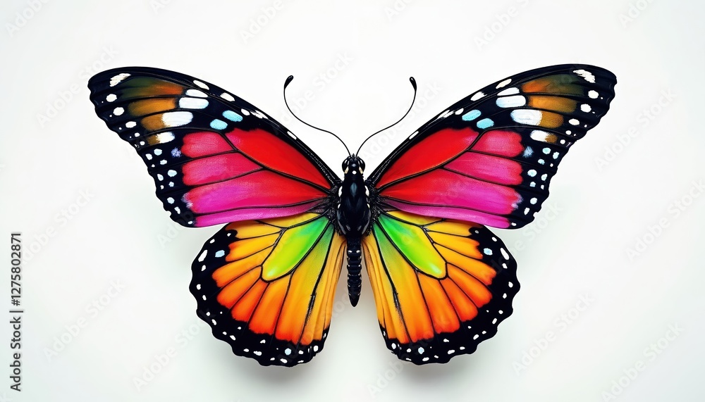 Fototapeta premium Colorful monarch butterfly with open wings on white. Beautiful insect, beauty of nature. Vivid wing pattern with red, pink, yellow, orange, green colors.