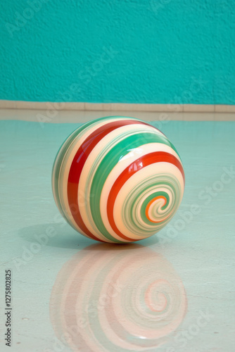 Abstract striped sphere in layered emerald and ruby bands, gently rotating in midair above a glossy photo