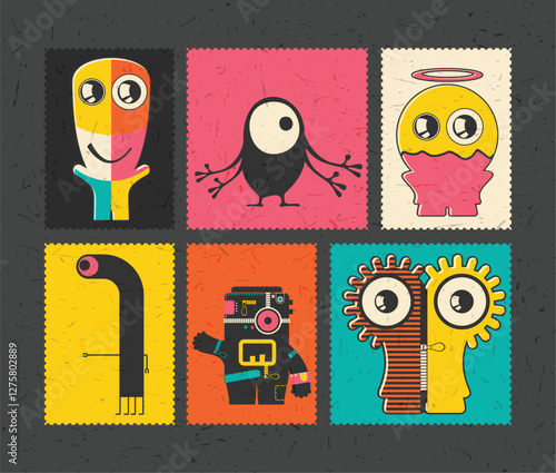 Set of cartoon monsters  on color grunge background