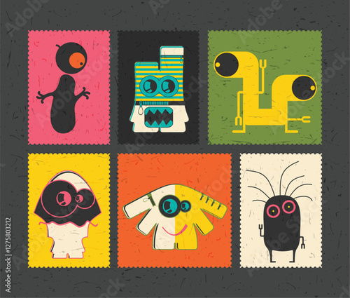 set of cartoon monsters on color grunge backgrounds	