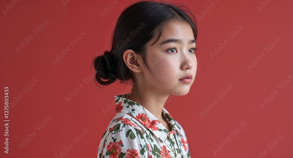 Caucasian girl in plain red background wearing a yellow t shirt young teen side view portrait