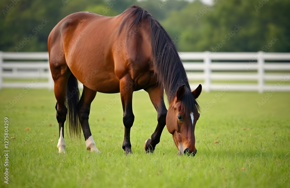 Brown horse grazes in green pasture. Farm animal eating grass on meadow in countryside. Equine portrait in summer. Thoroughbred breed with dark mane. Rural landscape scene. Brown horse grazes in green pasture. Farm animal eating grass on meadow in countryside. Equine portrait in summer. Thoroughbred breed with dark mane. Rural landscape scene.