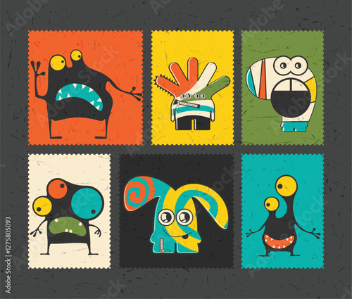 set of cartoon monsters on color grunge backgrounds	