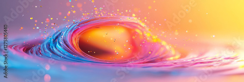 Surreal burst of bright neon fragments swirling into an abstract vortex, blending pastel pinks,