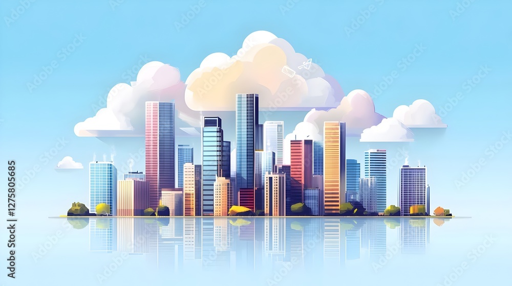 Fototapeta premium A wide-angle 3D cityscape with digital cloud icons floating overhead, representing SaaS, advanced connectivity, modern technology for banners or ads, cloud computing, digital transformation, and scala