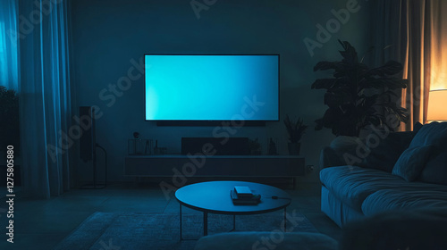 Fototapeta Naklejka Na Ścianę i Meble -  Wide lcd tv screen hanging on wall in living room at night. Modern house interior with flat plasma television set, stand and table. Vector realistic illustration of blank glowing screen in dark room