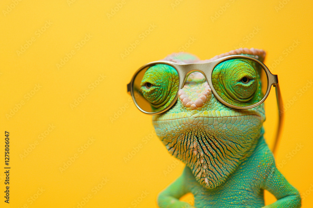 chameleon wearing sunglasses on a solid color background. Generative AI chameleon wearing sunglasses on a solid color background. Generative AI