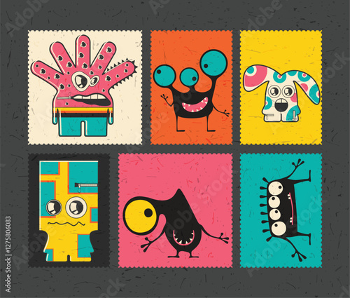 set of cartoon monsters on color grunge backgrounds	