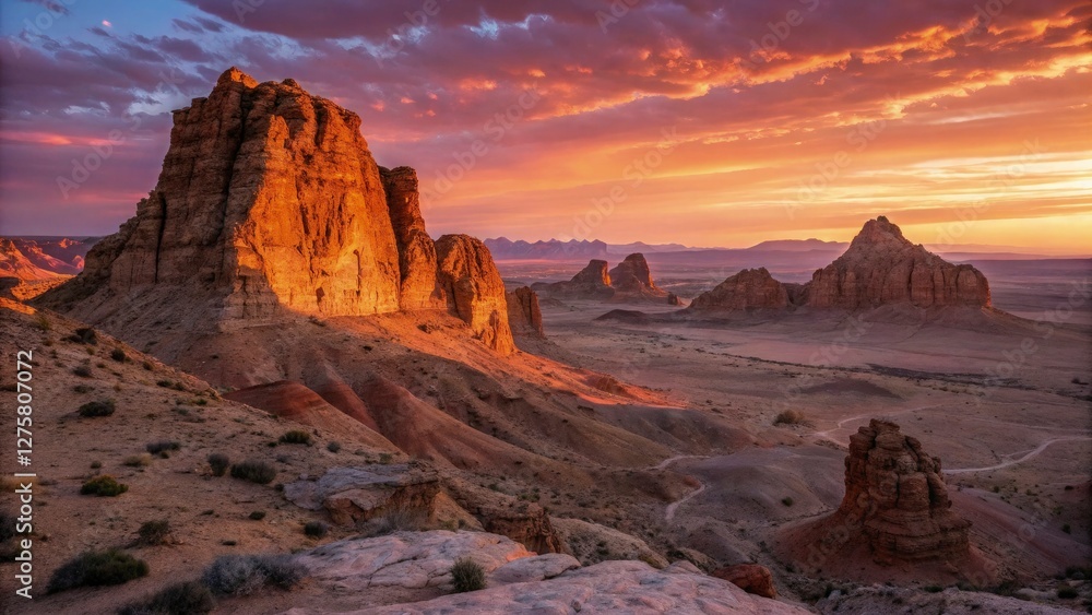 Fototapeta premium Sunset illuminating dramatic rock formations in a high-altitude desert