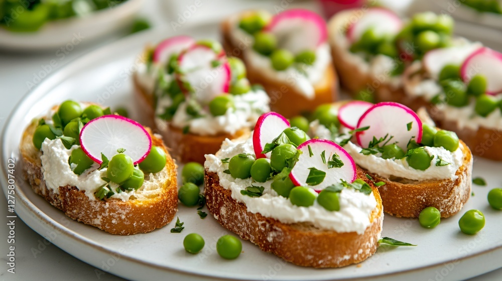 A deconstructed spring pea and radish crostini on a white plate, with ingredients elegantly scattered to showcase texture and freshness A deconstructed spring pea and radish crostini on a white plate, with ingredients elegantly scattered to showcase texture and freshness