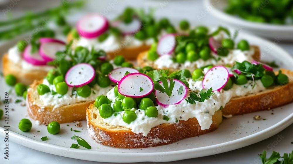 A deconstructed spring pea and radish crostini on a white plate, with ingredients elegantly scattered to showcase texture and freshness A deconstructed spring pea and radish crostini on a white plate, with ingredients elegantly scattered to showcase texture and freshness