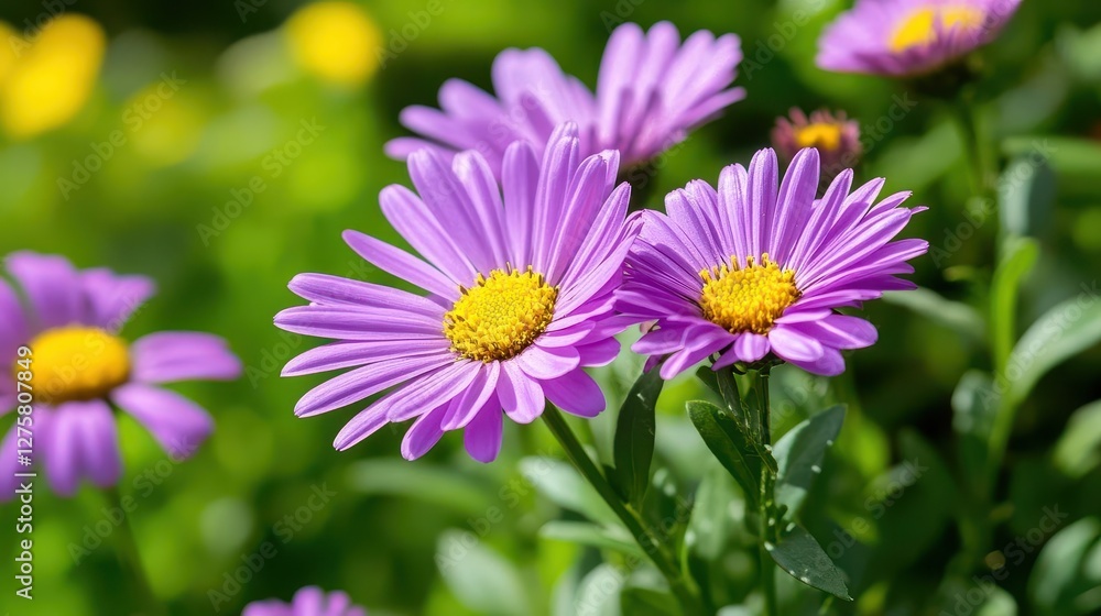 Beautiful flower garden with blooming asters and different flowers in sunlight, landscape design Beautiful flower garden with blooming asters and different flowers in sunlight, landscape design