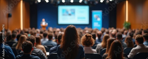 Rear view of audience in conference hall. Speaker gives speech at business symposium. Unrecognized participants attend lecture. Business, entrepreneurship meeting, coach training, education, science