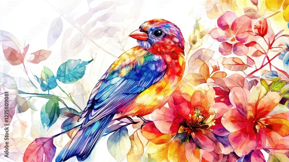 Obraz premium Dreamy exotic bird resting among vivid flowers, stained glass watercolor effect, radiant feathers, intricate floral patterns, centered on a white background 