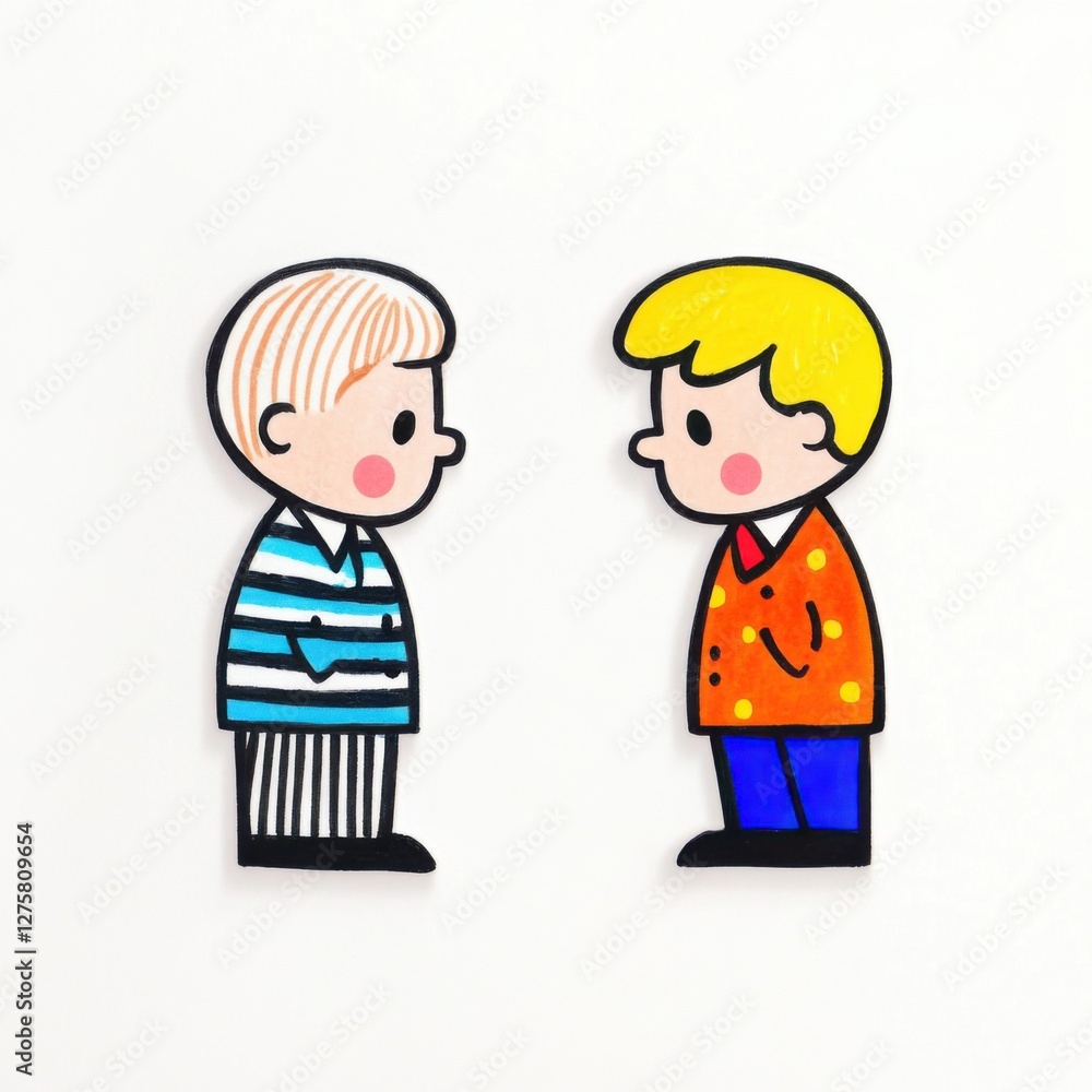 Two Colorful Cartoon Characters Engaging in Conversation on a White Background Two Colorful Cartoon Characters Engaging in Conversation on a White Background