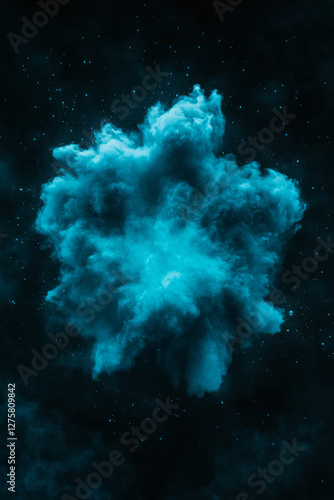 Explosive burst of neon-blue dust suspended midair against a dark background, forming ghostly photo