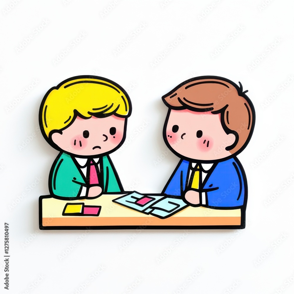 Two Cartoon Boys Discussing Ideas at a Table in a Creative Workspace Environment Two Cartoon Boys Discussing Ideas at a Table in a Creative Workspace Environment