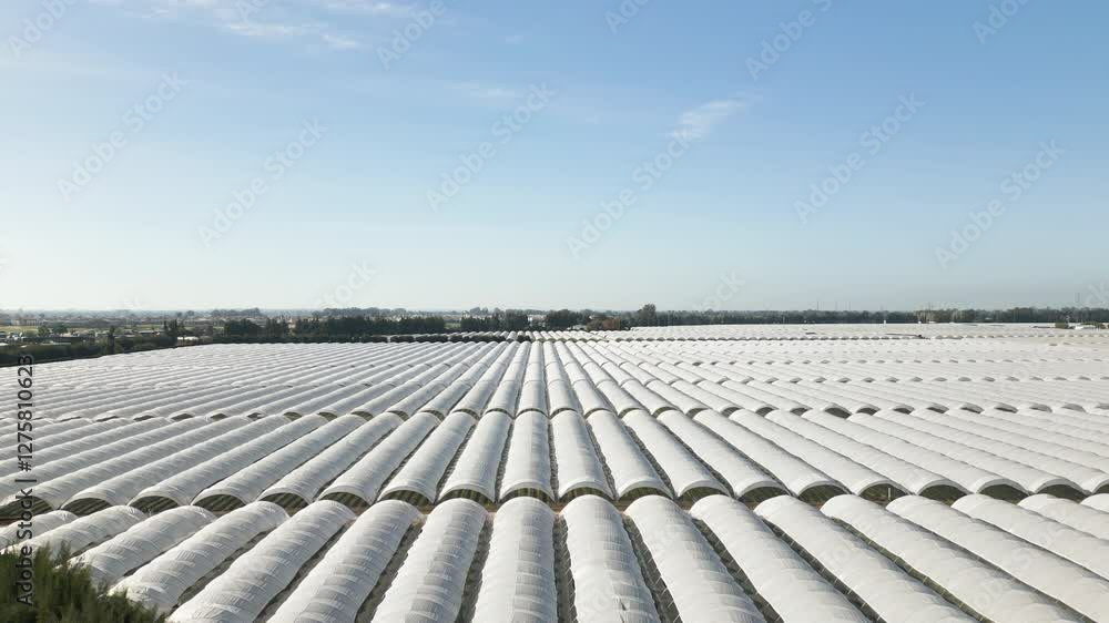 Endless landscape of greenhouses in Spain, aerial ascend reveal view Endless landscape of greenhouses in Spain, aerial ascend reveal view