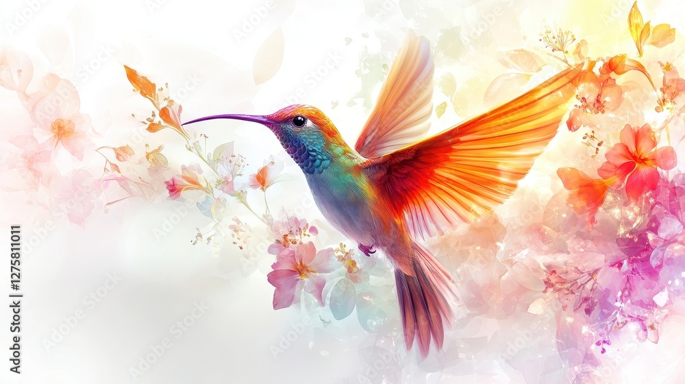 Fototapeta premium Ethereal exotic bird with delicate flowers, stained glass watercolor, shimmering translucent wings, soft floral gradients, centered on a pure white background, ultra