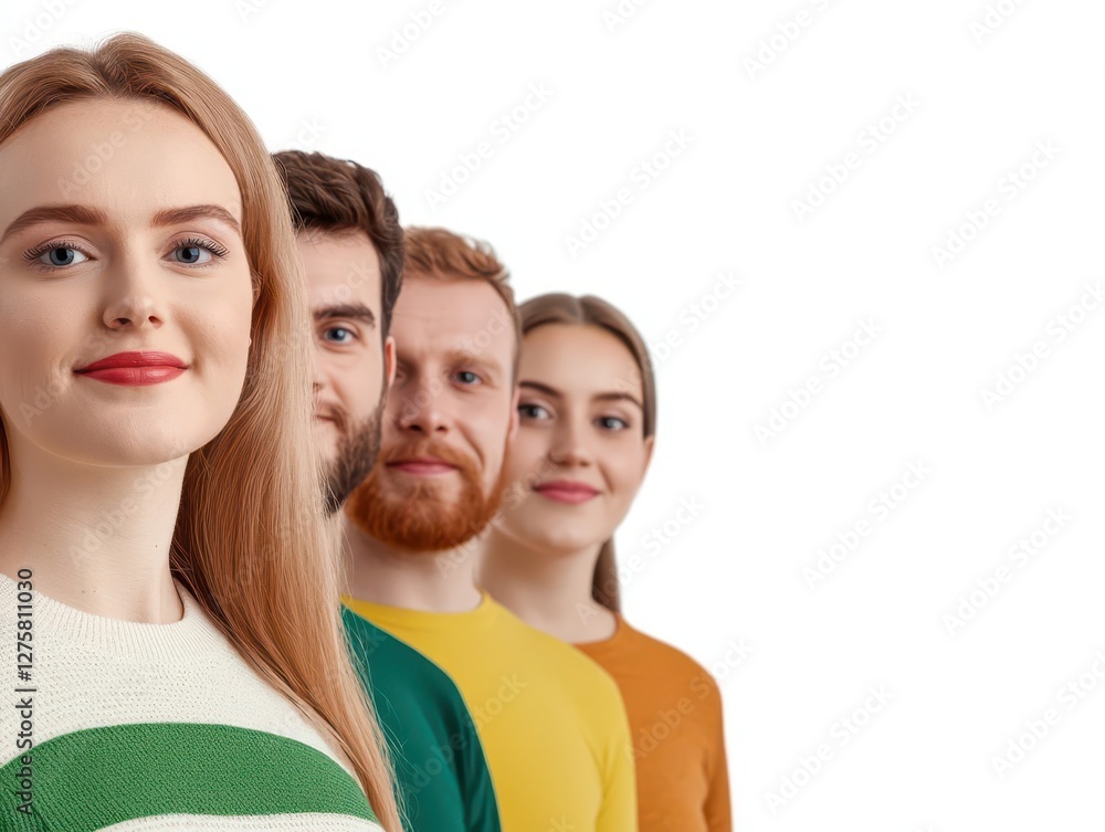 Group of diverse individuals wearing brightly colored shirts standing together in an outdoor setting Group of diverse individuals wearing brightly colored shirts standing together in an outdoor setting