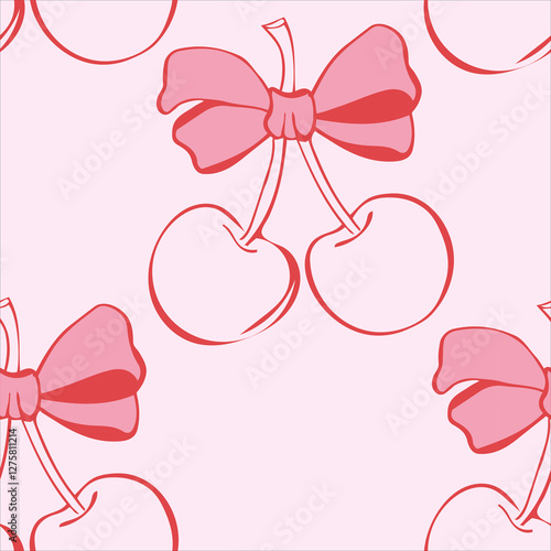 cherry with bow pattern.Trendy Valentine's Day Seamless pattern Sweet coquette and red Cherries Hand drawn Illustration not Ai ,Design for fashion,fabric,textile,wallpaper,wrapping and all prints
