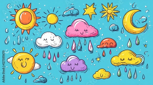 Colorful Cartoon Weather Elements with Smiling Faces on Blue Background