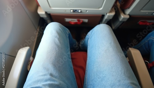 Leg space on airplane. Person sits in plane seat. Passenger wearing jeans travels in economy class. Air travel space concept. Holiday trip. Low cost airline flying.