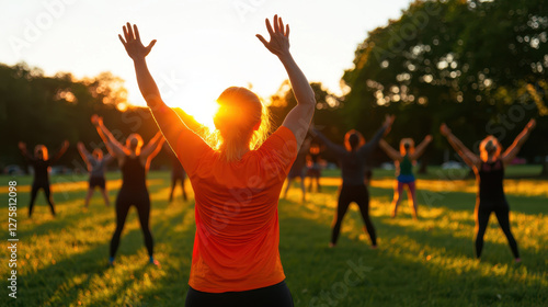 Fototapeta Naklejka Na Ścianę i Meble -  vibrant community fitness class in park at sunset, promoting health and wellness