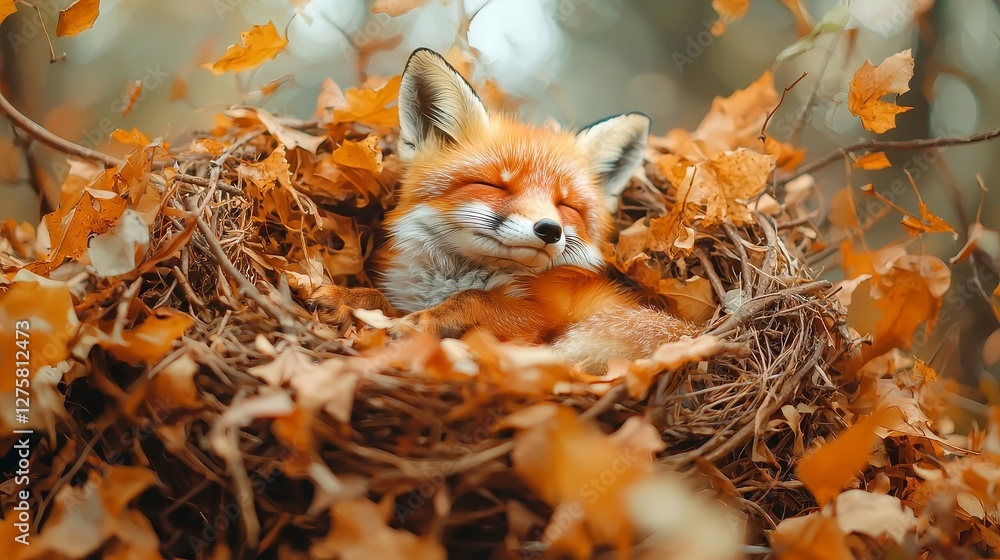 Obraz premium Fox Haven Nursery, a charming space adorned with autumn hues, featuring playful forest animals and a whimsical fox theme, creating a cozy and inviting atmosphere for little ones.
