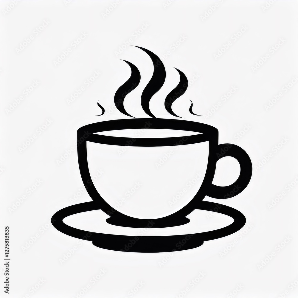 Simple black and white icon of a steaming cup of coffee or tea with saucer, representing a hot beverage Simple black and white icon of a steaming cup of coffee or tea with saucer, representing a hot beverage