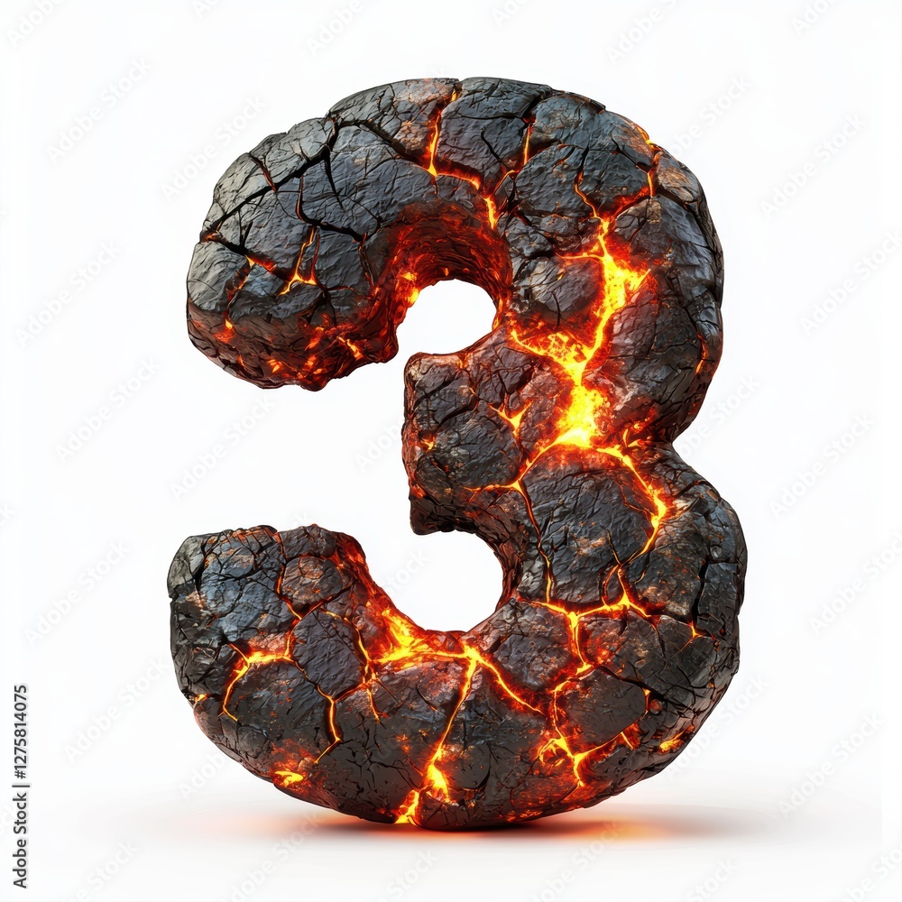 Number 3 made of molten lava with glowing cracks and fiery embers isolated on a clean white background Number 3 made of molten lava with glowing cracks and fiery embers isolated on a clean white background