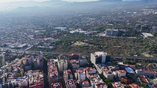 Drone footage capturing the distant landscape of Cuicuilco, Mexico City photo