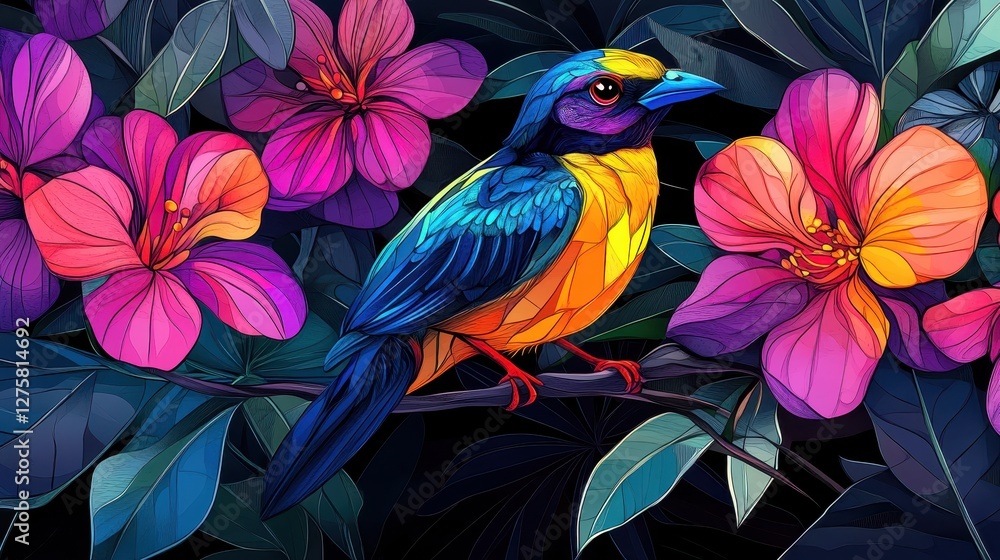 Fototapeta premium Vibrant exotic bird perched among tropical flowers, stained glass watercolor style, glowing jewel tones, centered on a solid black background, 8K quality