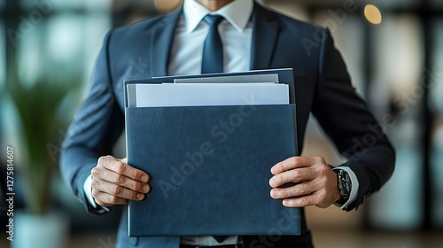 Confident Corporate Executive Holding Folder and Smiling Brightly   Portrait of a smiling business leader in a suit and tie holding a document folder portraying success
