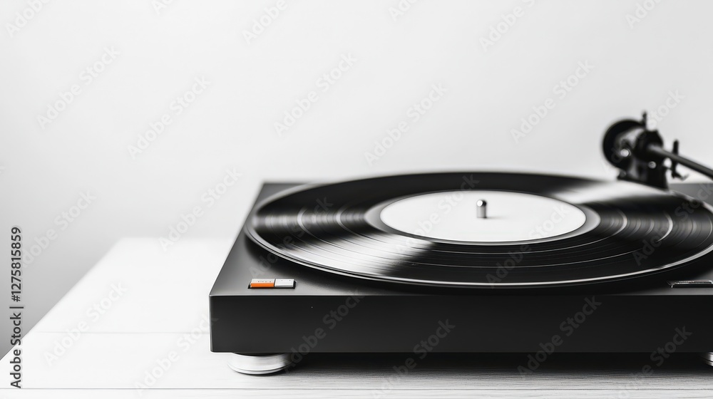 Classic Vinyl Record Player on Table with Black Record Spinning in Minimalist Setting Classic Vinyl Record Player on Table with Black Record Spinning in Minimalist Setting