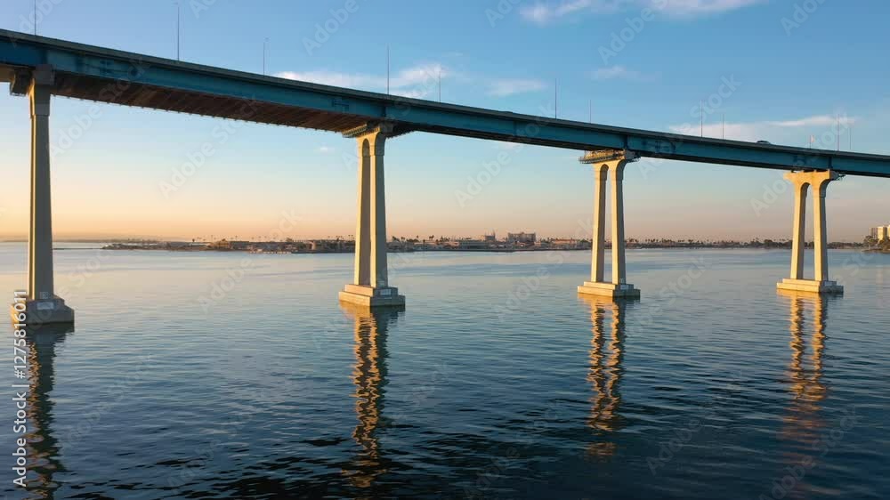 Coronado Bridge in San Diego, California at sunrise. Reflection and ripples on the water. Coronado Bridge in San Diego, California at sunrise. Reflection and ripples on the water.