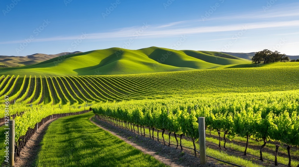 Fototapeta premium Lush green vineyard landscape under a clear blue sky with rolling hills in the background
