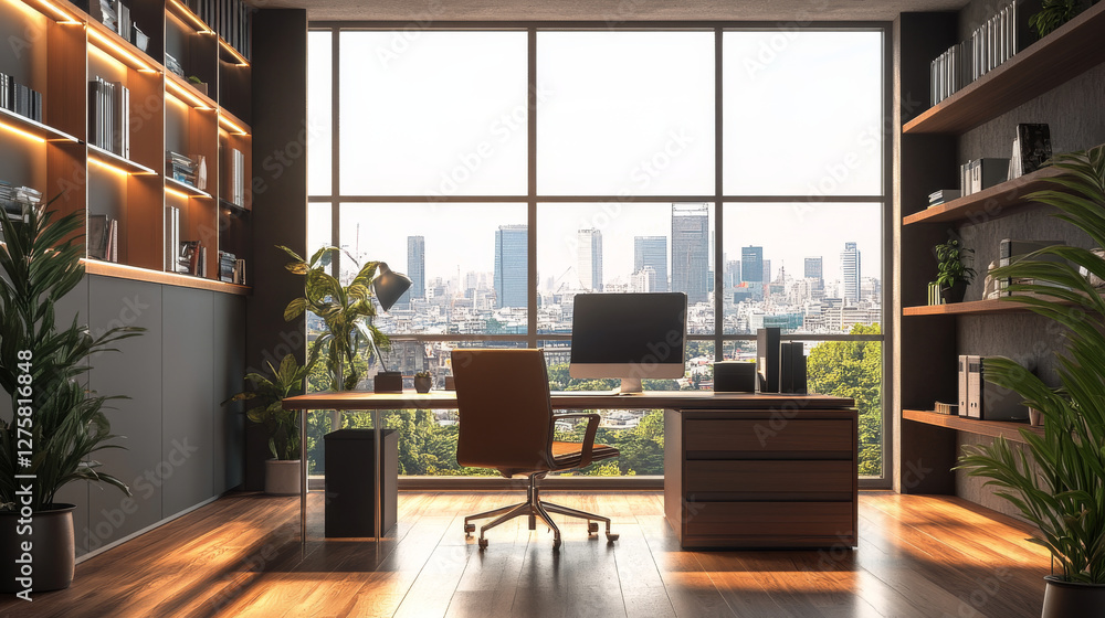 © Nari - Office workplace interior with computer table, pc monitor, shelves, task boards front of wide floor-to-ceiling window with cityview. Working place for businessman, analyst, Cartoon vector illustration © Nari - Office workplace interior with computer table, pc monitor, shelves, task boards front of wide floor-to-ceiling window with cityview. Working place for businessman, analyst, Cartoon vector illustration