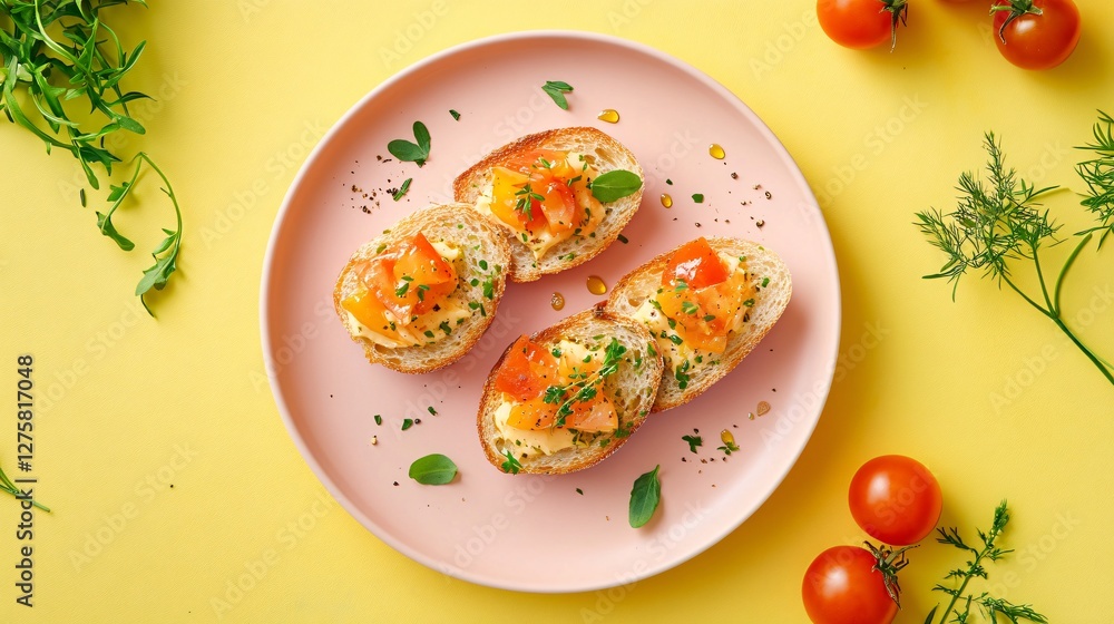 Pastel-colored food styling with crostini on a soft pink plate, placed on a warm yellow backdrop with artistic lighting Pastel-colored food styling with crostini on a soft pink plate, placed on a warm yellow backdrop with artistic lighting